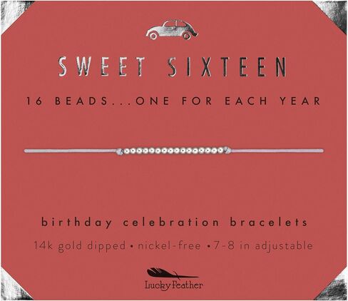 Lucky Feather Sweet 16 Gifts for Girls; 16th Birthday Bracelet Gift Idea for 16 Year Old Girls with 14K Gold Dipped Beads on Adjustable Cord in Saudi Arabia