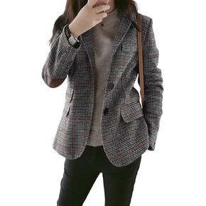 ebossy Womens Vintage Nothced Lapel Single Breasted Boyfriend Blazer Suits Houndstooth Plaid Jacket Coat with Patched Elbow