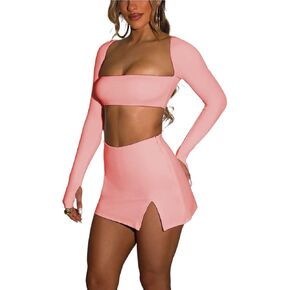 Azhong Women’s 2 Piece Set Long Sleeve Square Neck Crop Top Bodycon Mini Club Party Skirt Set in Saudi Arabia