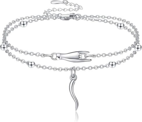 YAFEINI Italian Horn Hand Bracelet 925 Sterling Silver Cornicello and Mano Cornuto Layered Bracelet Italian Good Luck Protection Amulet Jewelry for Women Girls in Kuwait