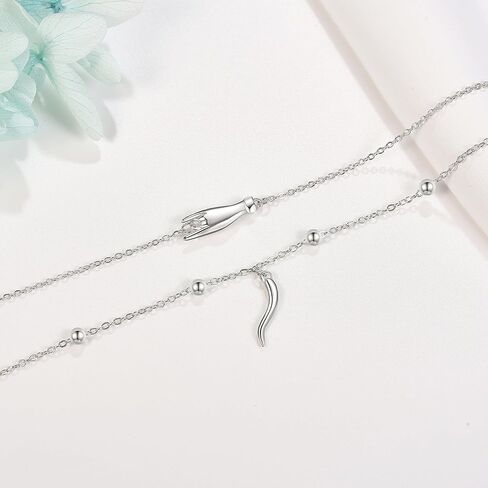 YAFEINI Italian Horn Hand Bracelet 925 Sterling Silver Cornicello and Mano Cornuto Layered Bracelet Italian Good Luck Protection Amulet Jewelry for Women Girls in Kuwait