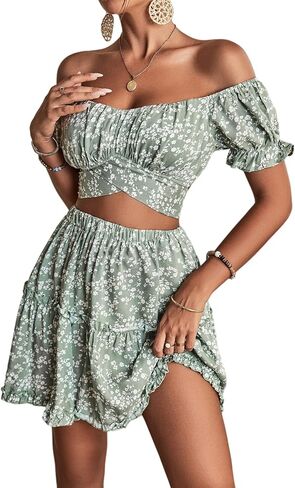 LYANER Women's 2 Piece Outfits Floral Off Shoulder Tie Up Crop Top and Mini Skirt Set in Saudi Arabia