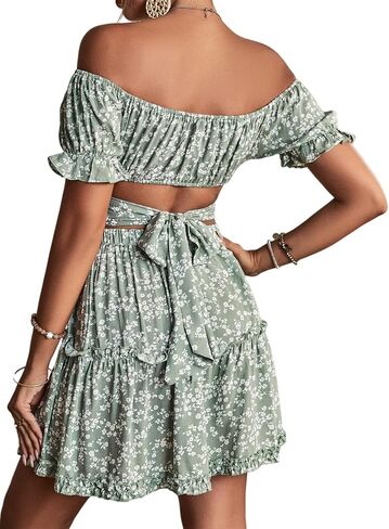 LYANER Women's 2 Piece Outfits Floral Off Shoulder Tie Up Crop Top and Mini Skirt Set in Saudi Arabia