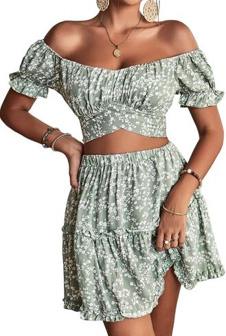 LYANER Women's 2 Piece Outfits Floral Off Shoulder Tie Up Crop Top and Mini Skirt Set in Saudi Arabia