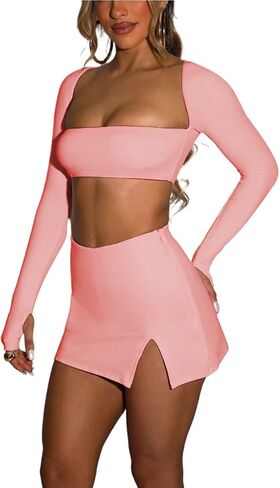 Azhong Women’s 2 Piece Set Long Sleeve Square Neck Crop Top Bodycon Mini Club Party Skirt Set in Kuwait
