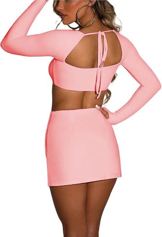 Azhong Women’s 2 Piece Set Long Sleeve Square Neck Crop Top Bodycon Mini Club Party Skirt Set in Kuwait