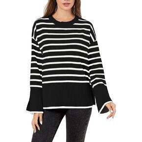 سترة TRENDSTITCH النسائية لخريف وشتاء 2023 مخططة بأكمام طويلة ورقبة دائرية كبيرة الحجم ومضلعة ومتماسكة وفتحة جانبية بلوفر عصري in Kuwait