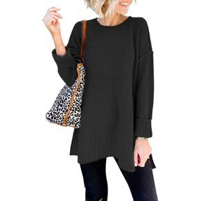 MEROKEETY Women's Casual Crew Neck Side Split Pullover Sweater Loose Long Sleeve Jumper Top