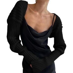 LOFAAC Women Y2K Open Front Rib Knit Shrug Crop Cardigan Solid Drop Shoulder Puff Long Sleeve Sweater Tops Outerwear in Saudi Arabia