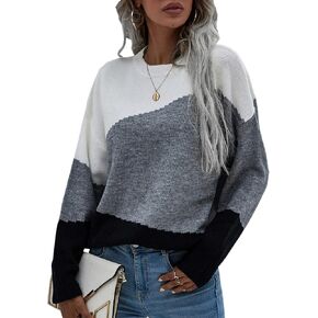 ECOWISH Women Sweater Long Sleeve Color Block Knit Pullover Sweaters Crew Neck Patchwork Casual Loose Jumper Tops in Saudi Arabia