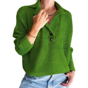 LILLUSORY Women's Snap-Buttons Foldover Collar Henley Knitted Pullover Sweater Tops