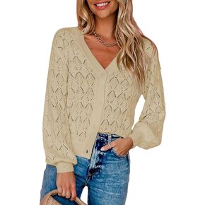 Dokotoo Cropped Cardigan Sweaters for Women Long Sleeve Crochet Knit Shrug Open Front V-Neck Button up Tops
