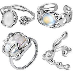 HEIMAXING Silver Y2K Rings Jewelry Grunge Rings Natural Stone Opal Moonstone Ring Pearl Indie Punk Coquette Stacking Rings Set for Women Girls in Kuwait