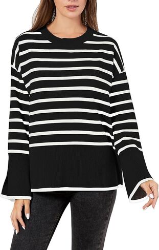 سترة TRENDSTITCH النسائية لخريف وشتاء 2023 مخططة بأكمام طويلة ورقبة دائرية كبيرة الحجم ومضلعة ومتماسكة وفتحة جانبية بلوفر عصري in Kuwait