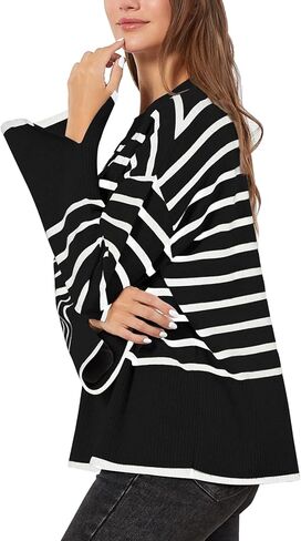 سترة TRENDSTITCH النسائية لخريف وشتاء 2023 مخططة بأكمام طويلة ورقبة دائرية كبيرة الحجم ومضلعة ومتماسكة وفتحة جانبية بلوفر عصري in Kuwait