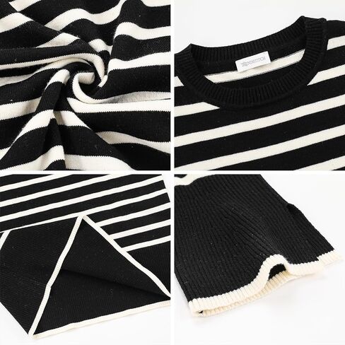 سترة TRENDSTITCH النسائية لخريف وشتاء 2023 مخططة بأكمام طويلة ورقبة دائرية كبيرة الحجم ومضلعة ومتماسكة وفتحة جانبية بلوفر عصري in Kuwait