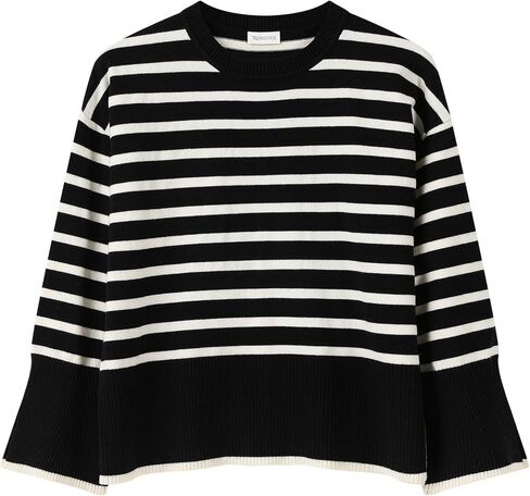 سترة TRENDSTITCH النسائية لخريف وشتاء 2023 مخططة بأكمام طويلة ورقبة دائرية كبيرة الحجم ومضلعة ومتماسكة وفتحة جانبية بلوفر عصري in Kuwait