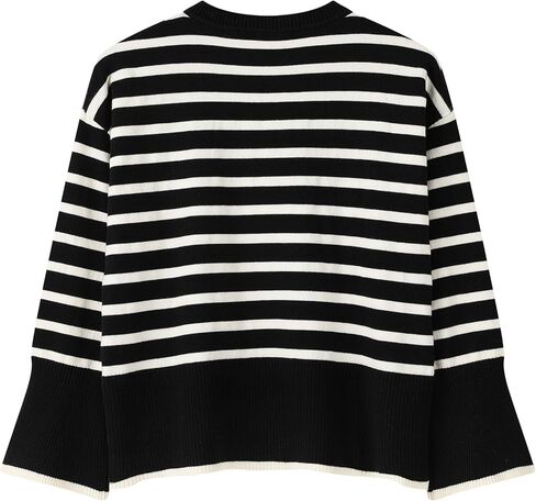 سترة TRENDSTITCH النسائية لخريف وشتاء 2023 مخططة بأكمام طويلة ورقبة دائرية كبيرة الحجم ومضلعة ومتماسكة وفتحة جانبية بلوفر عصري in Kuwait