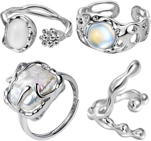 HEIMAXING Silver Y2K Rings Jewelry Grunge Rings Natural Stone Opal Moonstone Ring Pearl Indie Punk Coquette Stacking Rings Set for Women Girls in Kuwait