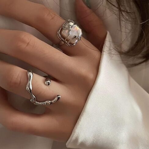 HEIMAXING Silver Y2K Rings Jewelry Grunge Rings Natural Stone Opal Moonstone Ring Pearl Indie Punk Coquette Stacking Rings Set for Women Girls in Kuwait