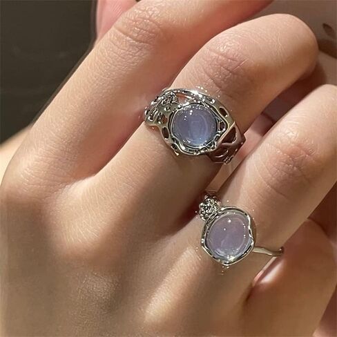 HEIMAXING Silver Y2K Rings Jewelry Grunge Rings Natural Stone Opal Moonstone Ring Pearl Indie Punk Coquette Stacking Rings Set for Women Girls in Kuwait
