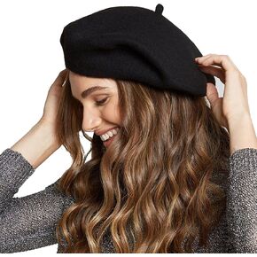 Womens Wool French Beret Chic Solid Beanie Hat Stretchable Classic Beret 22.5" for One Size