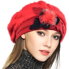 VECRY Lady French Beret 100% Wool Beret Floral Dress Beanie Winter Hat