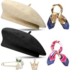6 Pieces Wool Beret Hat Solid Color French Beanie Hat with Silky Scarf Brooch in Saudi Arabia