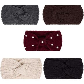 Whaline 5 Pieces Winter Knit Headbands Chunky Knit Headbands,4 Elastic Turban Head Wraps and 1 Pearl Crochet Hair Band, Ear Warmer Crochet Head Wraps for Women Girls (Autumn&Winter Colors)