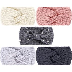 Whaline 5 Pieces Winter Knit Headbands Chunky Knit Headbands,4 Elastic Turban Head Wraps and 1 Pearl Crochet Hair Band, Ear Warmer Crochet Head Wraps for Women Girls (Autumn&Winter Colors)