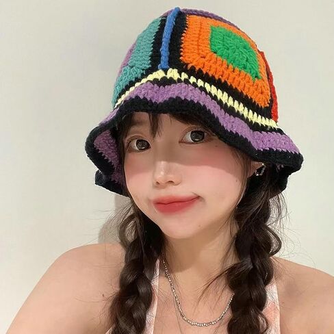Floral Crochet Hat for Women Handmade Bucket Hats Foldable Multicolor Bucket Cap Casual Fisherman Caps Crochet Sun Hat 2023 in Kuwait