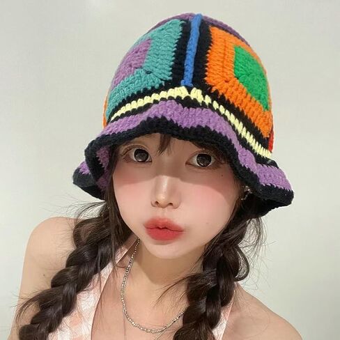 Floral Crochet Hat for Women Handmade Bucket Hats Foldable Multicolor Bucket Cap Casual Fisherman Caps Crochet Sun Hat 2023 in Kuwait