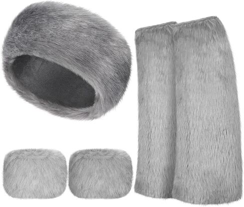 SATINIOR 3 Pieces Faux Fur Headband Set Ear Warmer Headwrap Furry Wrist Cuff Leg Warmers Boot Cuff Accessories for Girls in Kuwait