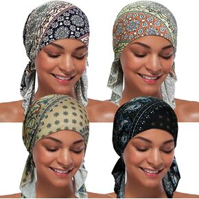 ASHILISIA 4 قطع قبعة كيميائية للنساء، قبعة عمامة، أغطية رأس مربوطة مسبقًا، باندانا لتساقط الشعر
