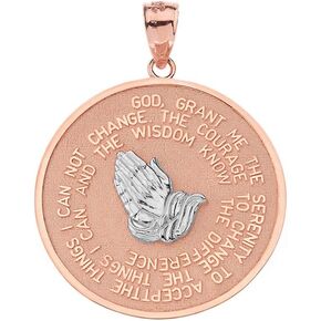 Fine 14k Gold Serenity Prayer with Praying Hands and Lord's Prayer Medal Pendant Sizes (S-L)