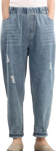 FTCayanz Women's Elastic Waist Cropped Jeans Baggy Drawstring Stretch Denim Pants with Pockets in Kuwait