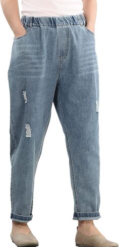 FTCayanz Women's Elastic Waist Cropped Jeans Baggy Drawstring Stretch Denim Pants with Pockets in Kuwait