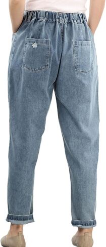 FTCayanz Women's Elastic Waist Cropped Jeans Baggy Drawstring Stretch Denim Pants with Pockets in Kuwait