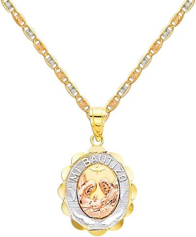 The World Jewelry Center 14k Tri-Color Gold Religious Baptism Pendant with 1.5mm Valentino Diamond Cut Chain Necklace in Saudi Arabia