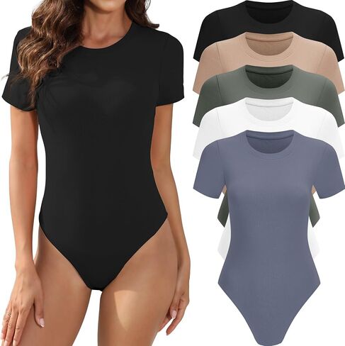 MLYENX 5 Pack Body Suits for Womens Short Sleeve Round Neck Casual Stretchy Basic T Shirt Bodysuit Shirts in Kuwait