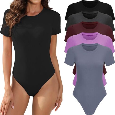 MLYENX 5 Pack Body Suits for Womens Short Sleeve Round Neck Casual Stretchy Basic T Shirt Bodysuit Shirts in Kuwait
