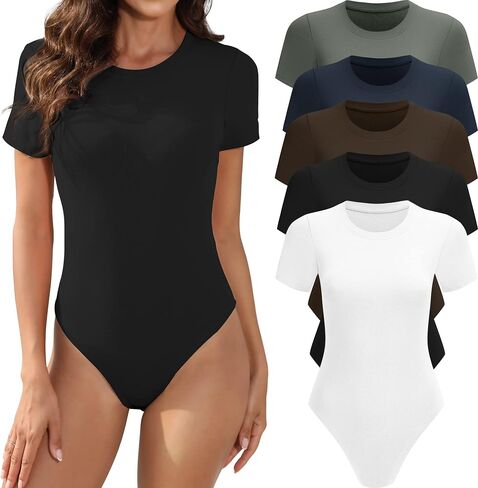 MLYENX 5 Pack Body Suits for Womens Short Sleeve Round Neck Casual Stretchy Basic T Shirt Bodysuit Shirts in Kuwait