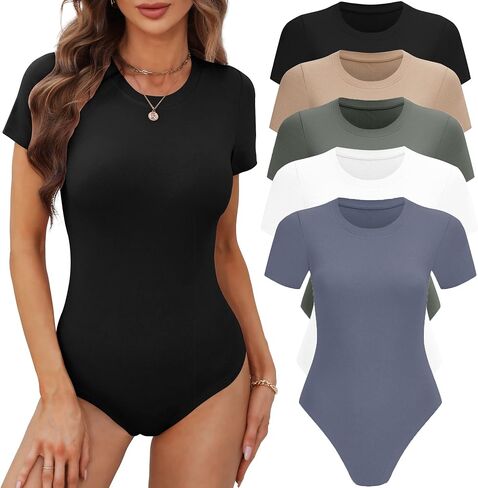 BALENNZ Women's 4/5 Pack Short Sleeve Round Neck Bodysuit Tops Crew Neck Basic Casual Tshirt Bodysuits in Kuwait