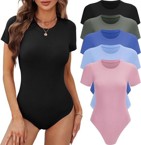 BALENNZ Women's 4/5 Pack Short Sleeve Round Neck Bodysuit Tops Crew Neck Basic Casual Tshirt Bodysuits in Kuwait