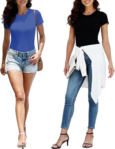 BALENNZ Women's 4/5 Pack Short Sleeve Round Neck Bodysuit Tops Crew Neck Basic Casual Tshirt Bodysuits in Kuwait