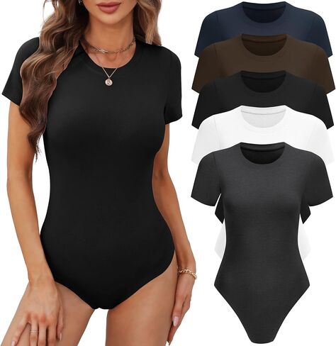 BALENNZ Women's 4/5 Pack Short Sleeve Round Neck Bodysuit Tops Crew Neck Basic Casual Tshirt Bodysuits in Kuwait