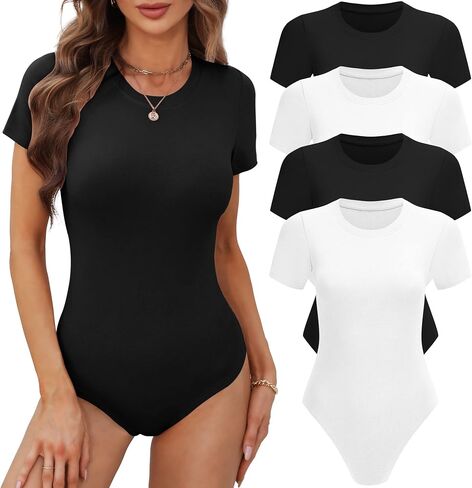 BALENNZ Women's 4/5 Pack Short Sleeve Round Neck Bodysuit Tops Crew Neck Basic Casual Tshirt Bodysuits in Kuwait