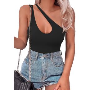 SAUNGKUAI Women's Double Lined Sexy One Shoulder Cutout Front Sleevless Thong Bodysuit Tank Tops