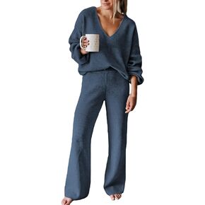 Viottiset Women's 2 Piece Outfits Casual V Neck Knit Wide Leg Sweater Lounge Set Sweatsuit in Saudi Arabia