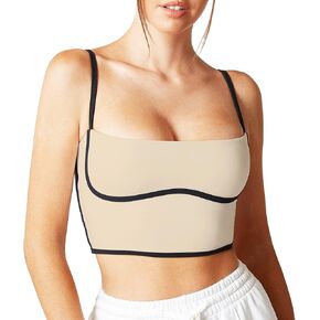 Move With You Sleeveless Spaghetti Strap Padded Sports Bra Tank Tops Square Neck Double Layer Workout Fitness Basic Crop Tops